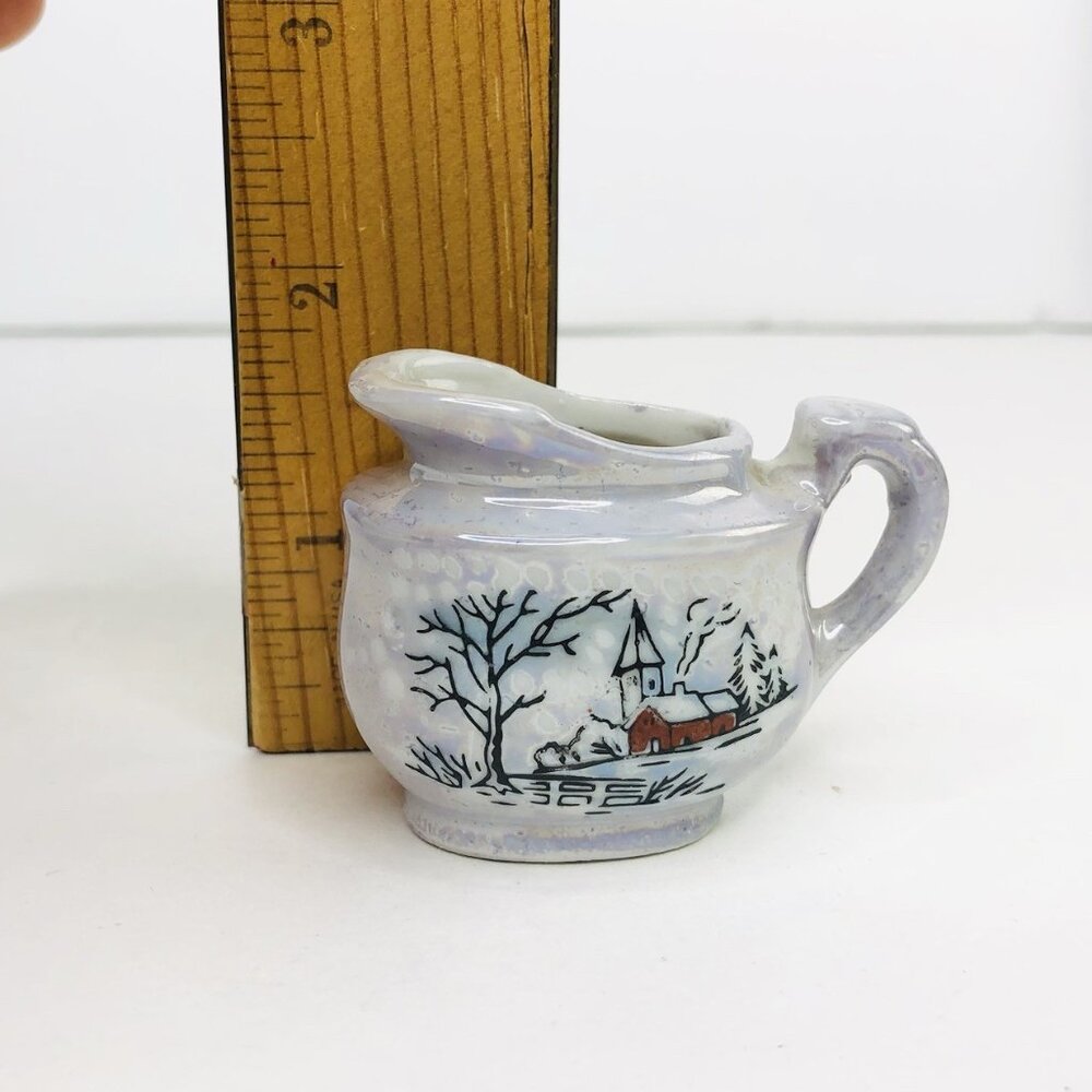 Vtg Tiny Pitcher Creamer Vase Hand Painted Japan Porcelain Winter Land 1.75"H